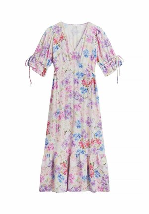 Robe midi à imprimé floral, col en V, manches bouffantes attachées aux coudes, taille froncée et ourlet à volants dans des tons pastel rose, bleu et violet.