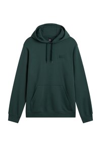 Hoodie Vans verde scuro con tasca frontale e cappuccio regolabile, caratterizzato da un piccolo logo Vans in rilievo sul petto.