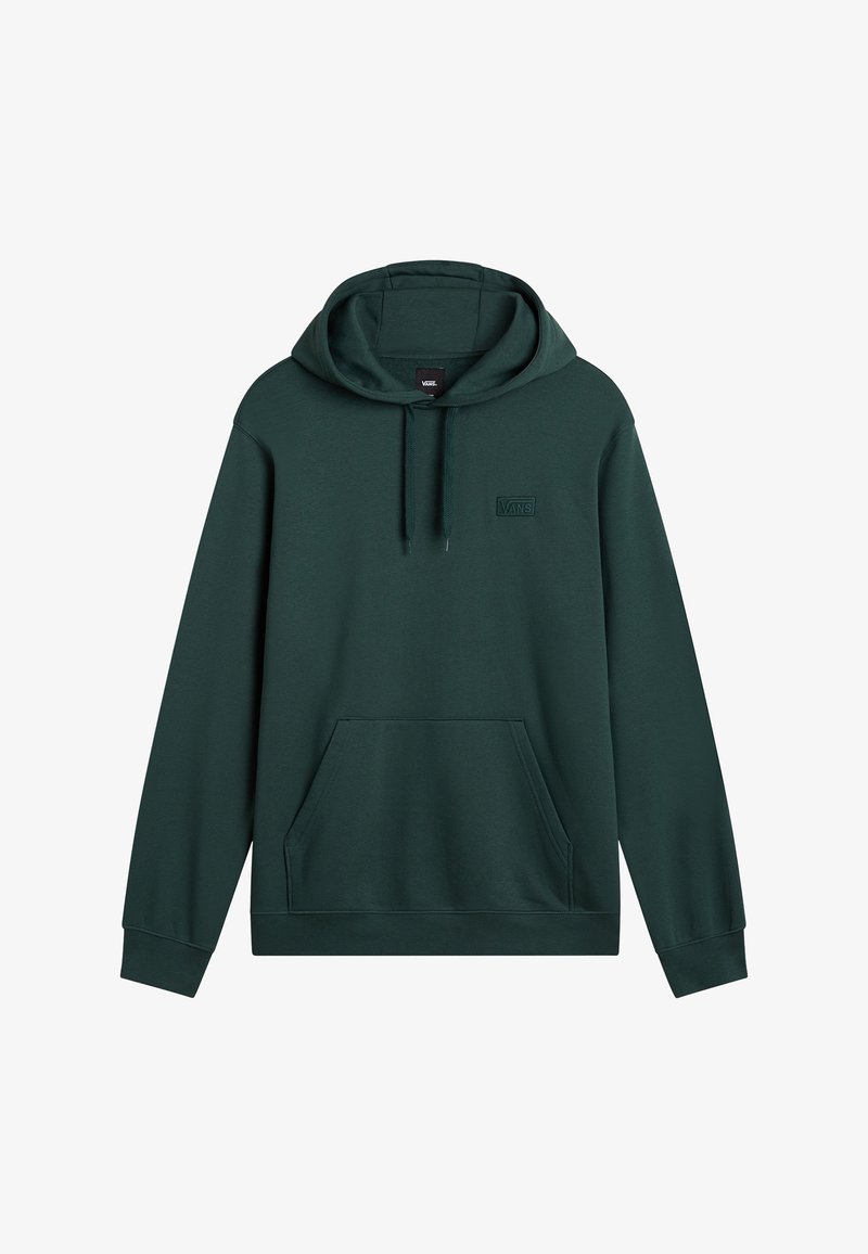 Hoodie Vans verde scuro con tasca frontale e cappuccio regolabile, caratterizzato da un piccolo logo Vans in rilievo sul petto.