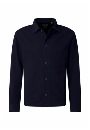 Veste boutonnée bleu marine foncé avec col et trois poches plaquées à l'avant, conçue pour un usage décontracté.