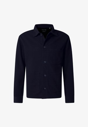 Dunkel marineblaue Knopfleistenjacke mit Kragen und drei aufgesetzten Fronttaschen, entworfen für den Freizeitgebrauch.