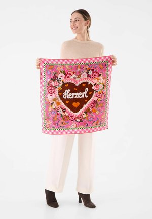 Foulard carré coloré avec un design floral rose, un motif de cœur et le texte "Herzerl", bordé d'un motif à carreaux. Matière en soie.