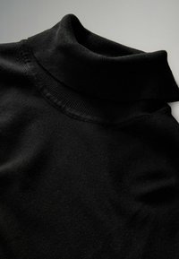 Must turtleneck särk pehmea tekstuuriga, kõrge kraega ja siledast kangast. Suletud vaade, rõhutades kuju ja disainipunkte.