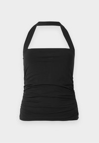 Top nero a fascia con scollatura quadrata, texture arricciata sui lati e spalline larghe. Realizzato in tessuto morbido e elasticizzato.