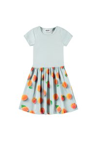 Svetlo modra obleka s kratkimi rokavi, ki ima prilegajoč bodice in razširjeno krilo z breskovim vzorcem in zelenimi listi. Mehka, gladka tkanina.