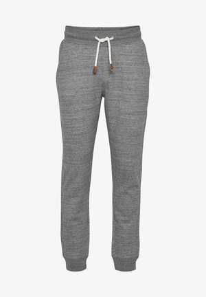 Grey sweatpants in a soft, textured fabric, featuring an elastic waistband with a white drawstring and brown leather accents at the tips.