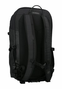 Mochila Mammut negra con correas de hombro acolchadas, un asa superior y múltiples puntos de ajuste. Tejido suave y duradero con un diseño minimalista.