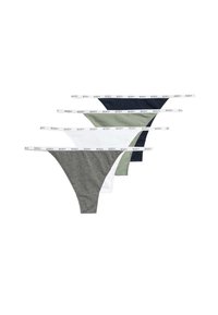 Set von vier String-Tangas in Grau, Weiß, olivgrün und marineblau. Jeder verfügt über einen weichen Bund, der mit "BODY" bedruckt ist.