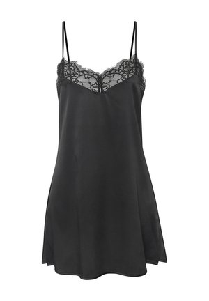 Zwart satijnen slipjurkje met kanten afwerking bij de halslijn en dunne schouderbandjes, weergegeven tegen een witte achtergrond.