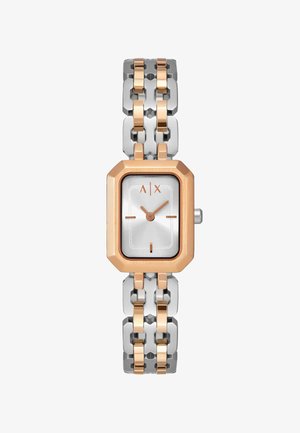 Rechteckiges silbernes Zifferblatt mit Roségoldrahmen, Roségold-Stundenmarkierungen und Zeigern, verbundenes zweifarbiges Silber- und Roségold-Metallarmband.