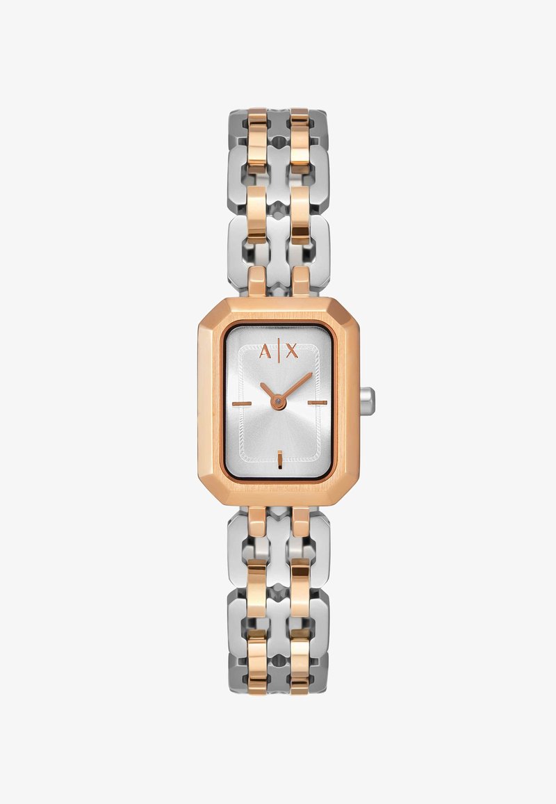 Rechthoekige zilveren wijzerplaat met roségouden rand, roségouden uurmarkeringen en wijzers, gekoppelde tweekleurige zilveren en roségouden metalen armband.