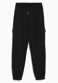 Pantaloni cargo neri realizzati in tessuto morbido, con vita elasticizzata e cordino, due tasche laterali e polsini elastici alle caviglie.