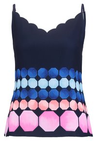 Námořnický bezrukávový top s výstřihem ve tvaru vlny; zdobený geometrickým vzorem tmavě modrých, světle modrých a růžových hexagonů na spodním lemu.