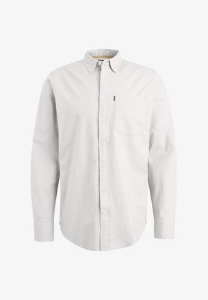 Camicia button-up grigia chiara con colletto a punta, maniche lunghe, una tasca sul petto e chiusura frontale con bottoni. Realizzata in un tessuto texturizzato.