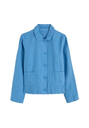 Blue linen jacket with a collared neck, long sleeves, and two front pockets. Features round buttons down the front and a textured fabric.