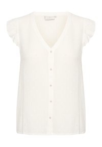 Blouse blanche à manches courtes avec un col en V et une fermeture à boutons. Tissu texturé avec de subtils pois, finition lisse et coupe décontractée.