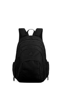 Zaino nero in tessuto, con spallacci imbottiti, tre scomparti con zip e tasche laterali per ulteriore spazio di stoccaggio.