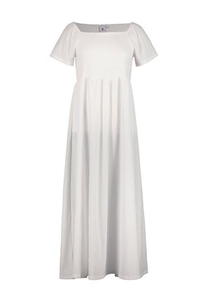 White maxi dress with short sleeves, square neckline, and smocked bodice. Flowy skirt made from lightweight fabric, features textured pattern.