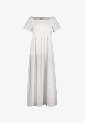 Vit maxiklänning med korta ärmar, fyrkantig halsringning och smockad överdel. Flödande kjol i lätt material med strukturerat mönster.