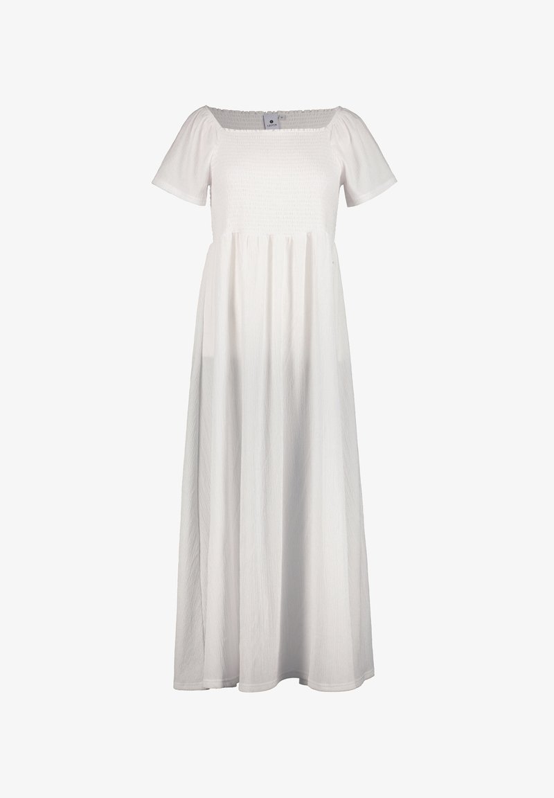 Weißes Maxi-Kleid mit kurzen Ärmeln, quadratischem Ausschnitt und gerafftem Oberteil. Fließender Rock aus leichtem Stoff mit strukturiertem Muster.