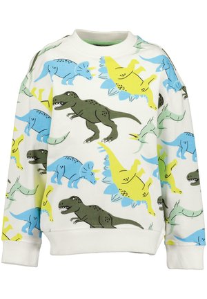 Felpa bianca in cotone con un motivo di dinosauri colorati in verde, blu e giallo. Collo rotondo, maniche lunghe e polsini a coste.