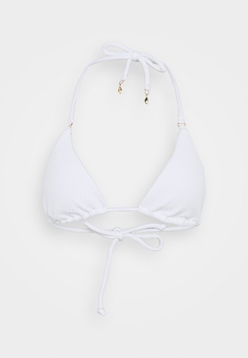 Biele bikiny s trojuholníkovými pohárikmi, textúrovaná látka, nastaviteľné viazania na krku a na chrbte, so zlatými kovovými detailmi.