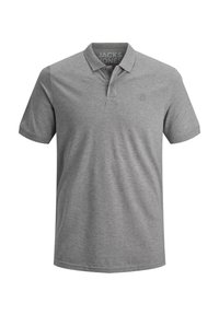 Polo gris en coton mélangé, avec une patte de boutonnage à trois boutons, des manches courtes et un logo subtilement brodé sur la poitrine.