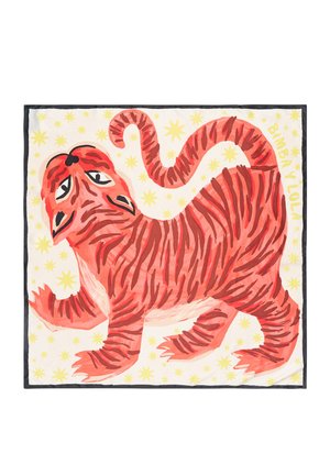 Illustrazione di una tigre dipinta di rosso con strisce nere su uno sfondo crema, accentuata da stelle gialle, contornata di nero.