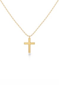 Collana in oro con pendente a croce in oro lucido dal design minimalista. La catena è composta da anelli ad incastro.