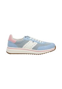 Hellblauer und rosa Freizeitschuh mit weißen Akzenten, Obermaterial aus Mesh und Wildleder, weiße Schnürsenkel und profilierte braune Sohle.