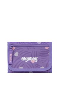 Purple fabric wallet with zippered pocket, pastel abstract pattern, and white "ergobag" logo on front flap.