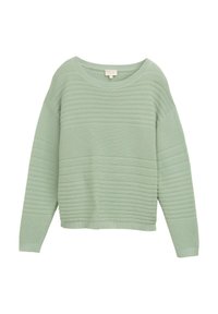 Suéter de manga larga verde claro con textura con canalé, escote amplio y corte relajado, con rayas horizontales en la tela.