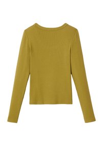 Top à manches longues en olive, côtelé, avec un col rond et une coupe ajustée, doté d'un ourlet droit à la taille.