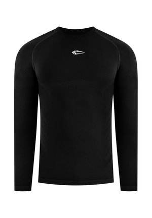 Maglia sportiva nera a maniche lunghe con scollo tondo e piccolo logo bianco che somiglia a una testa di animale stilizzata sul petto.