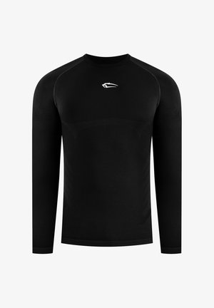 Maglia sportiva nera a maniche lunghe con scollo tondo e piccolo logo bianco che somiglia a una testa di animale stilizzata sul petto.