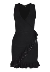 Schwarzes Wickelkleid mit tiefem V-Ausschnitt, Rüschensaum und bestickten Akzenten entlang der Rüsche, aus weichem Stoff für eine taillierte Silhouette.