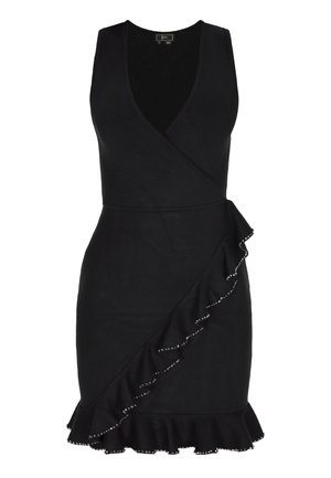 Čierne obliekané šaty s hlbokým V-výstrihom, volánkovým lemom a korálkovými akcentmi pozdĺž volánika, vyrobené z mäkkého materiálu pre priliehavý siluetu.