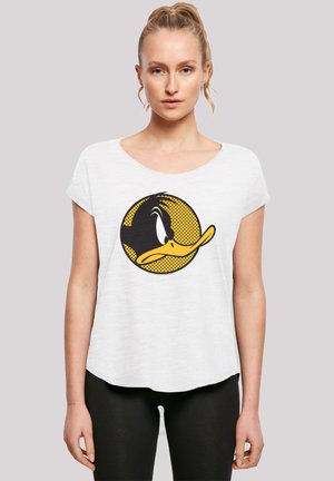 White, short-sleeve t-shirt with a round graphic featuring a cartoon duck's face in black and yellow with a dotted background.
