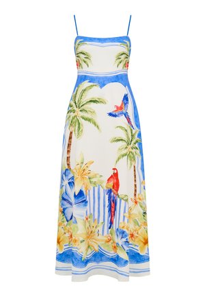 Φόρεμα χωρίς μανίκια με μπλε περιθώριο, διακοσμημένο με τροπικό μοτίβο που περιλαμβάνει φοίνικες, κίτρινα λουλούδια και παπαγάλους κόκκινους και μπλε.
