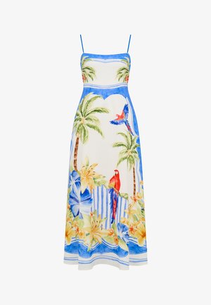 Varrukateta suvekleit sinise ääristusega, millel on troopiline palmipuude, kollaste lillede ning punaste ja siniste papagoidega muster.