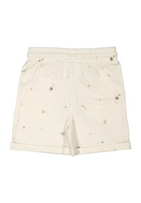 Vita bomullsshorts med elastisk midja, upprullad fåll och delikat blommönster och broderade bin över hela.