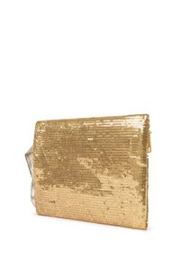 Borsa a tracolla dorata con paillettes, di forma rettangolare, con una texture liscia e una tracolla staccabile. Le paillettes brillano creando un effetto luccicante.