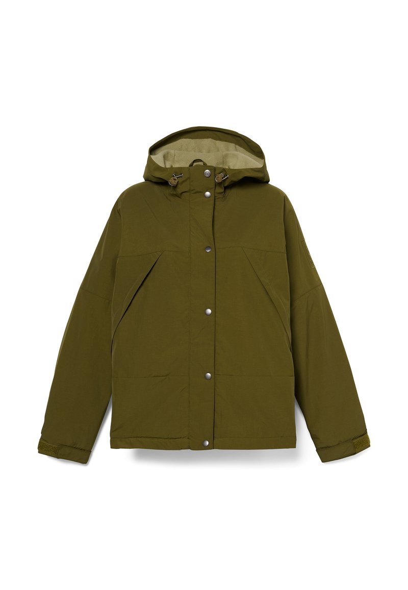 Giacca verde oliva con cappuccio, chiusura frontale a bottoni e zip, grandi tasche e tessuto leggermente strutturato. Presenta cappuccio e polsini regolabili.