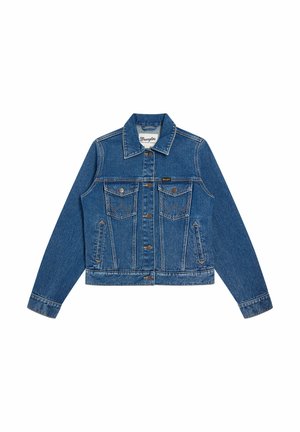 Giacca di jeans in blu medio con taglio classico, chiusura con bottoni sul davanti, due tasche sul petto e impunture a contrasto. Dotata di colletto e maniche lunghe.