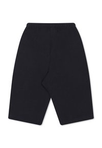 Pantaloni sportivi neri con vita elastica, caratterizzati da una texture liscia e un taglio alla lunghezza del ginocchio. Nessun motivo o accento visibile.