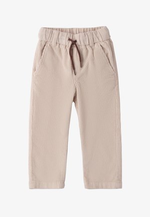 Beige Kordhosen mit einem gerippten Muster, elastischem Bund, Kordelzug und zwei seitlichen Taschen. Gerade Beinform.