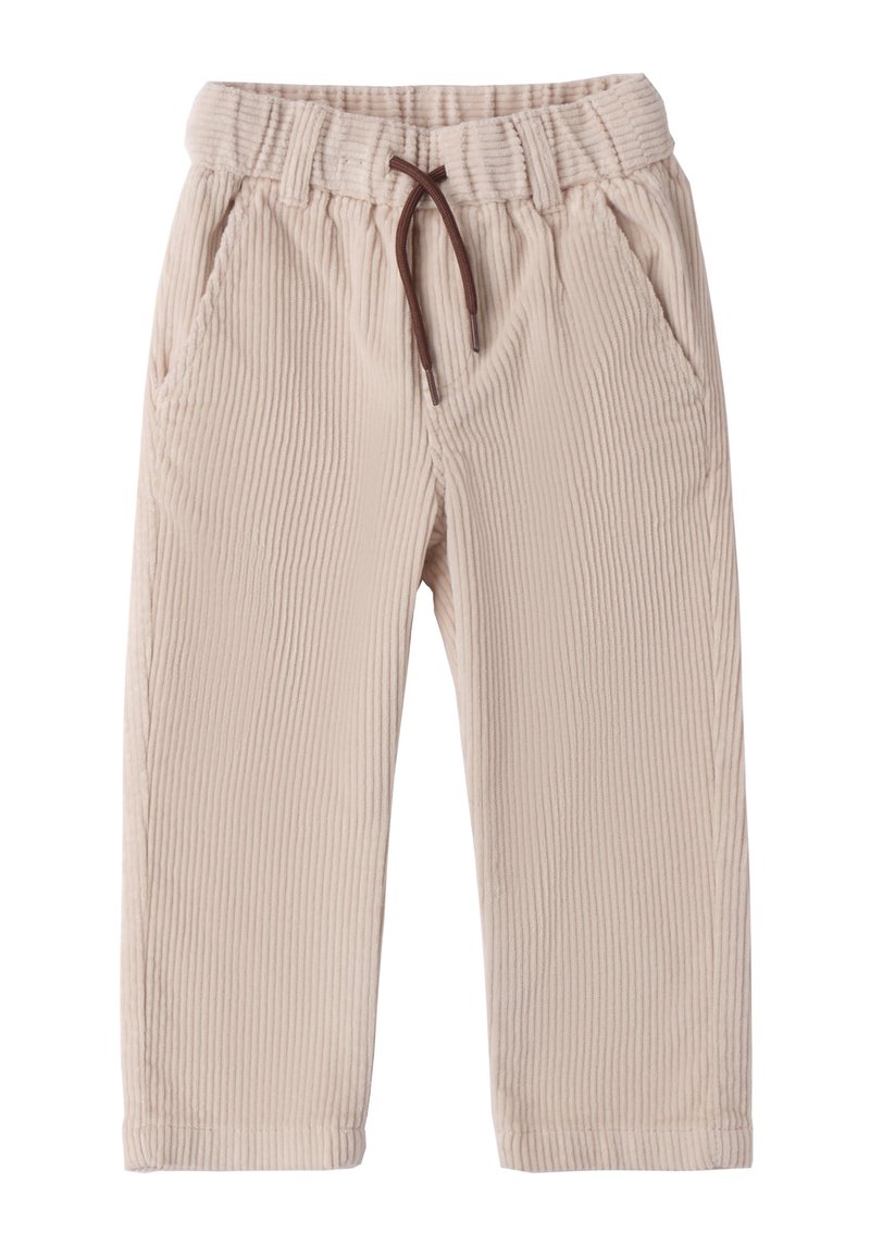 Pantaloni in corduroy beige con texture a costine, vita elastica, coulisse e due tasche laterali. Design a gamba dritta.