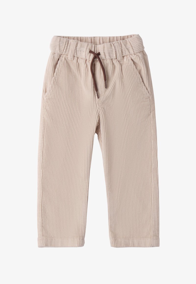 Pantaloni in corduroy beige con texture a costine, vita elastica, coulisse e due tasche laterali. Design a gamba dritta.
