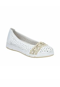 Scarpa piatta bianca perforata con punta rotonda e accento intrecciato beige sulla punta. Presenta una suola in gomma flessibile per il massimo comfort.