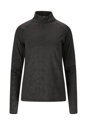 Schwarzer langärmeliger Pullover mit einem halbseitigen Reißverschluss-Kragen, ausgestattet mit einer strukturierten, gemusterten Oberfläche und taillierten Ärmeln.